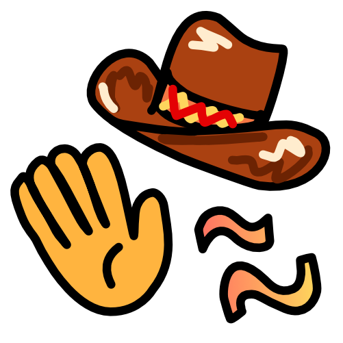 A yellow hand tilted to the right sits next to two squiggly lines. The lines grade from pinkish to yellow. Above the lines sits a tipped brown cowboy hat with a yellow and red patterned band. The image has dark line art. 
